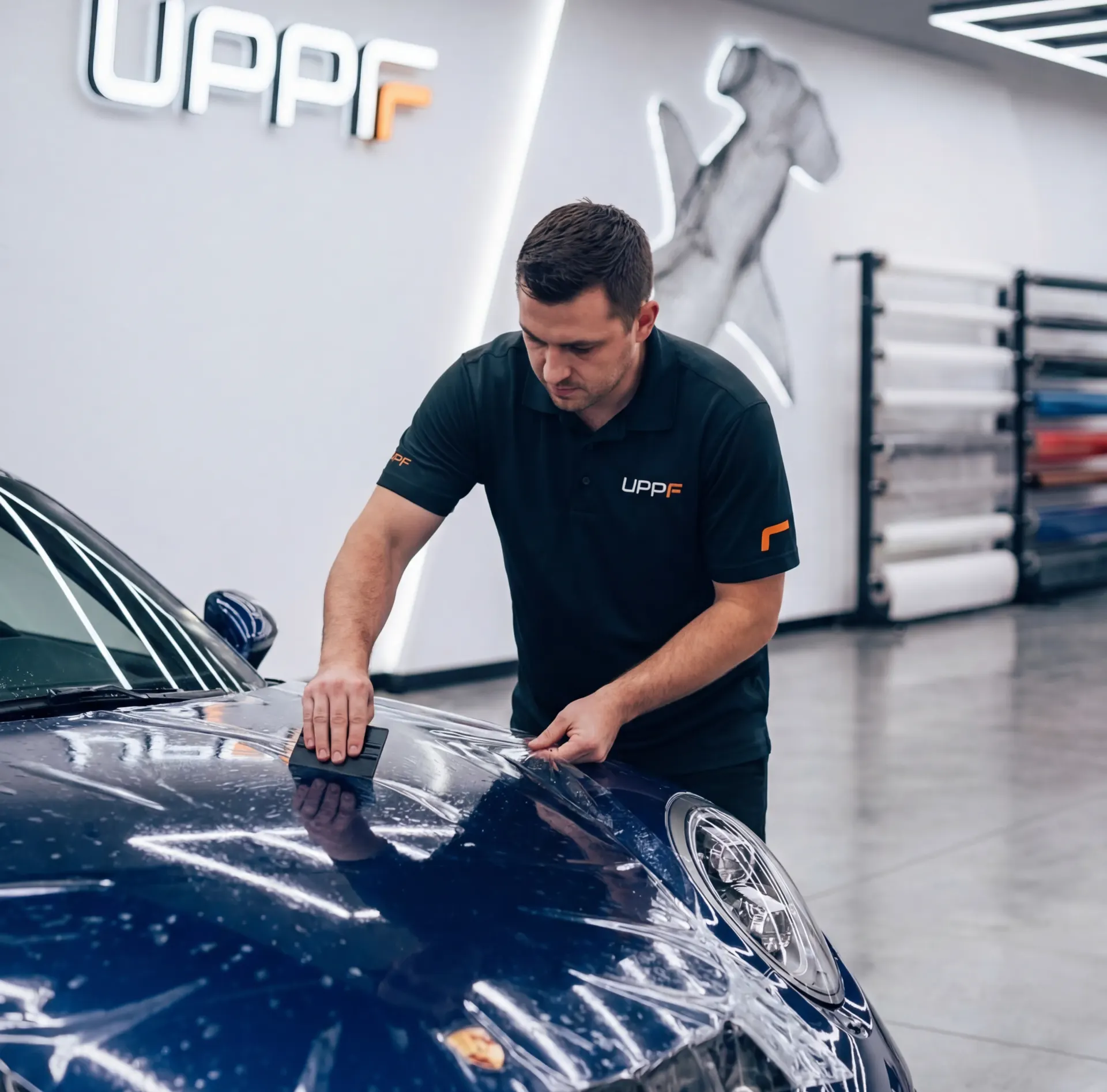 Certified technician installing paint protection film at UPPF Studio Houston